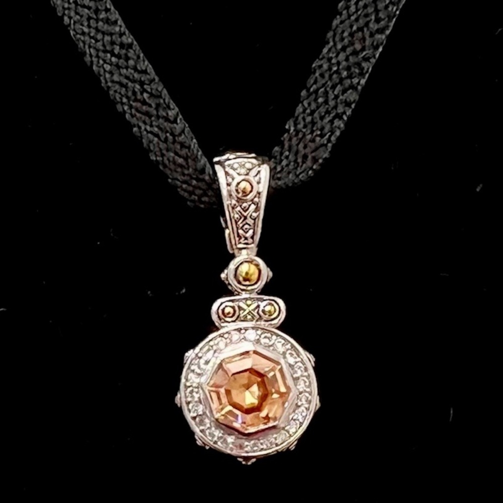 VINTAGE 2 TONE PENDANT WITH ORANGE FACETED OCTAGON CENTER STONE & CLEAR STONES